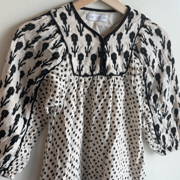 Zara Girls Long Sleeve Gauze Boho Floral Black and Beige Summer Short Dress - Picture 5 of 6